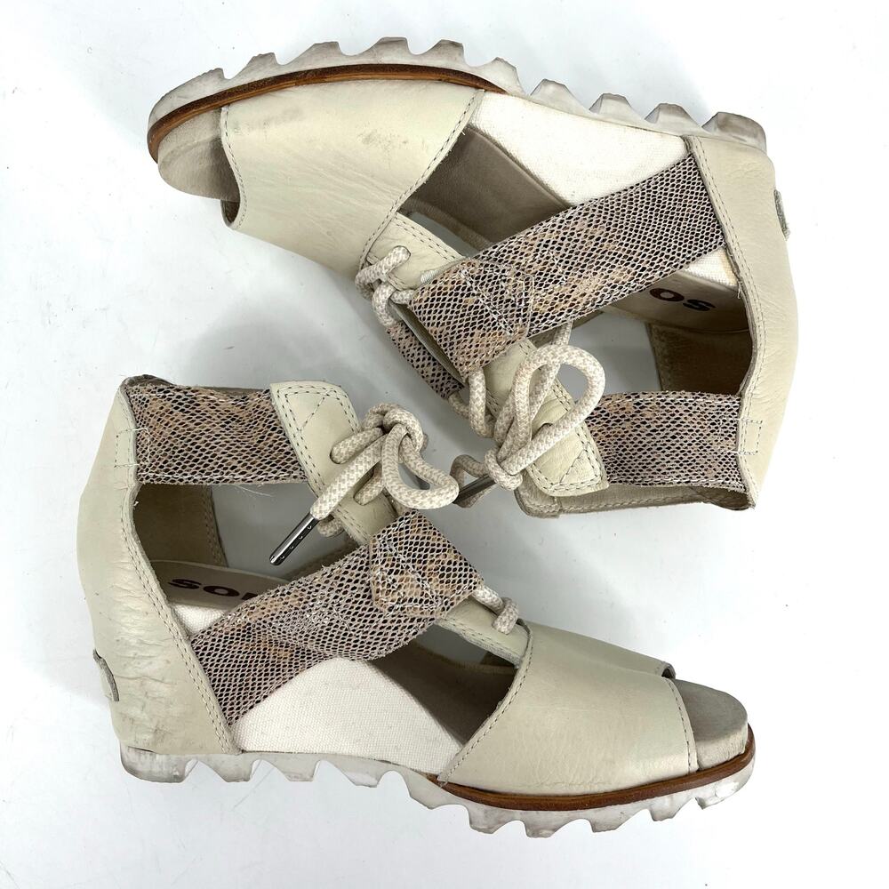 Sorel white/cream leather Joanie III lace wedge open toe sandals (7.5) snakeskin - Picture 5 of 9